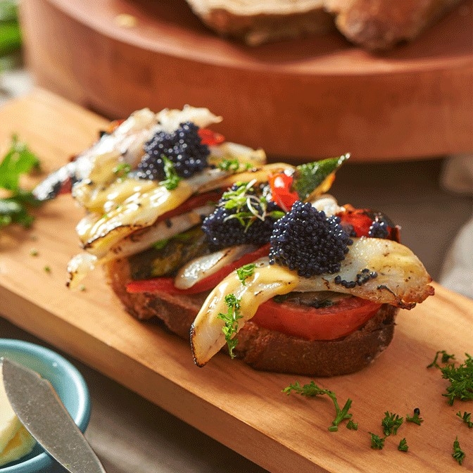 DRY AGED FISH, ROASTED VEGETABLES & CAVIAR CROSTINI